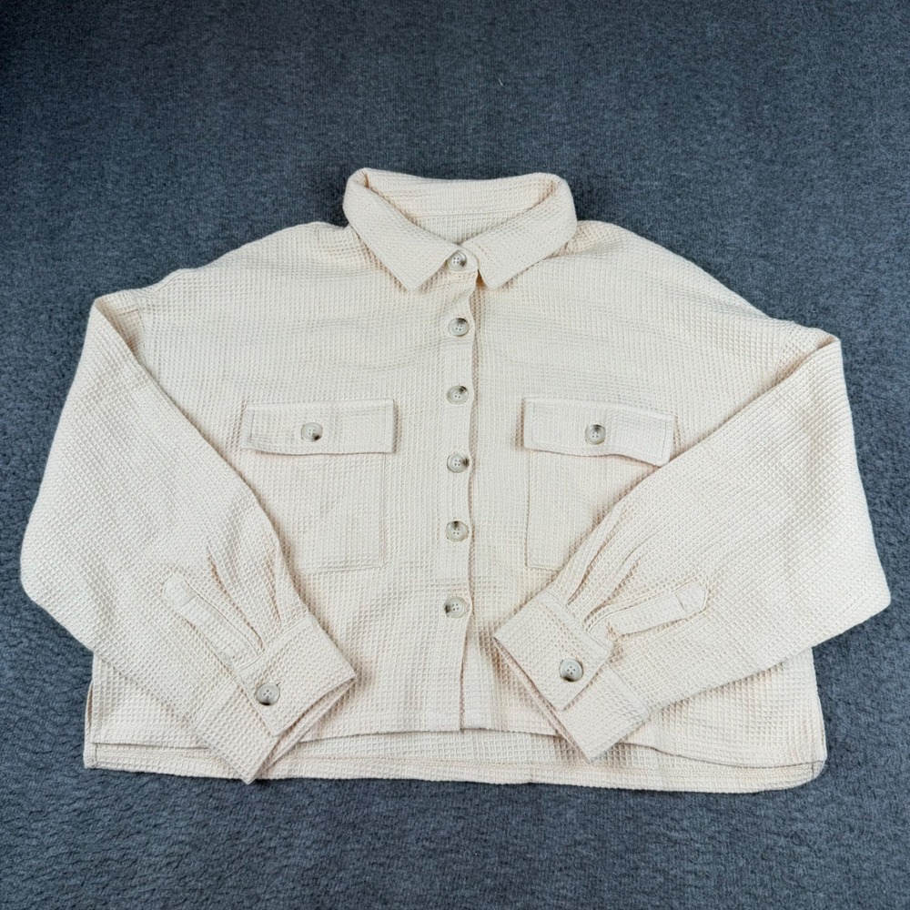 Unbranded Waffle Knit Button Down Shirt Women's Large Cream Shacket Long Sleeve